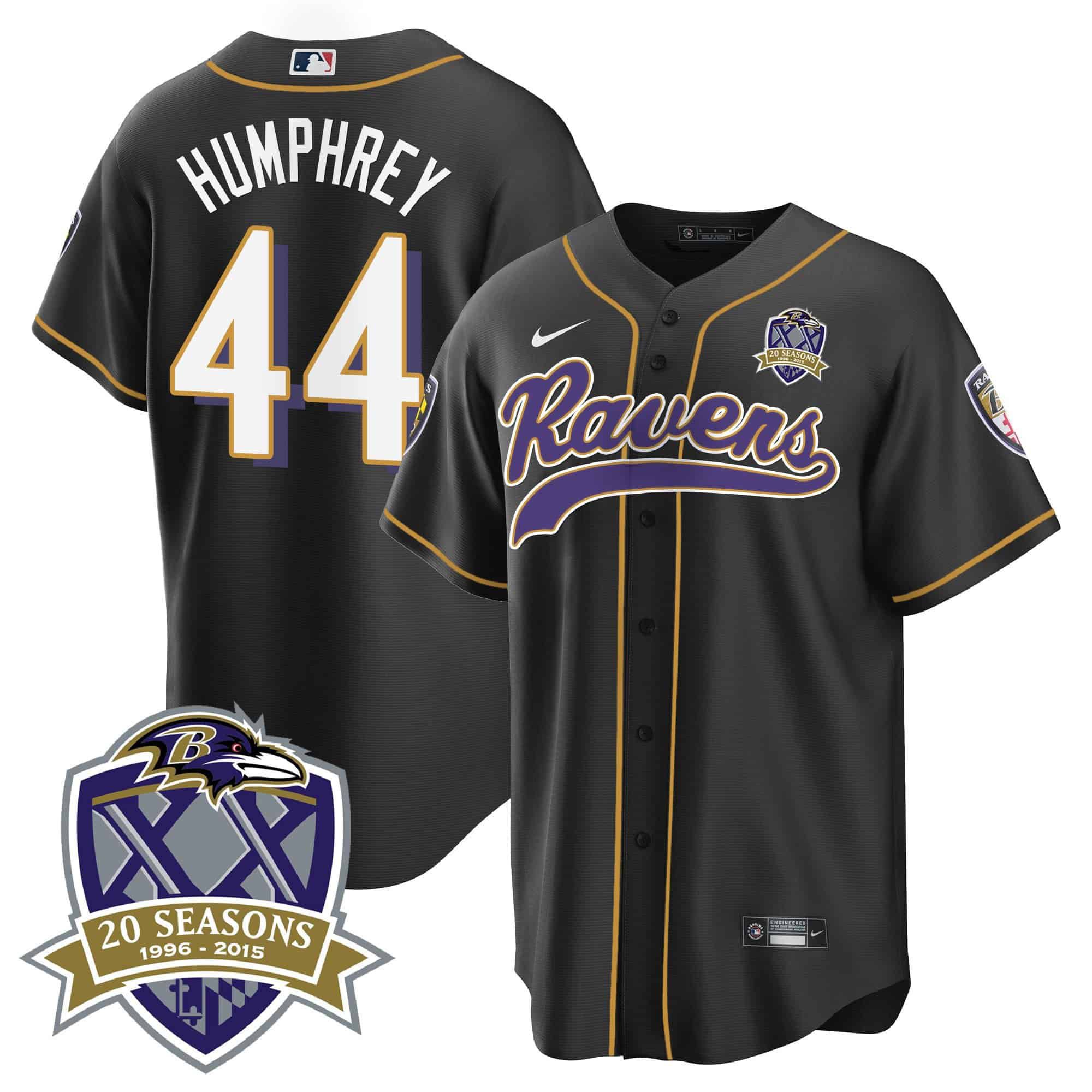 Men Baltimore Ravens #44 Humphrey Black 2024 Nike 20th Season Patch Baseball NFL Jersey style 1